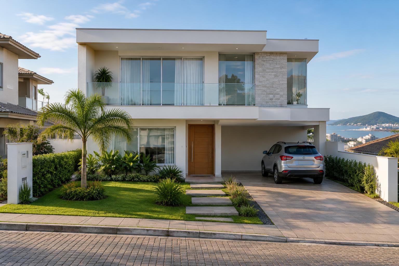 Casa contemporânea com jardim e automóvel em Santa Catarina